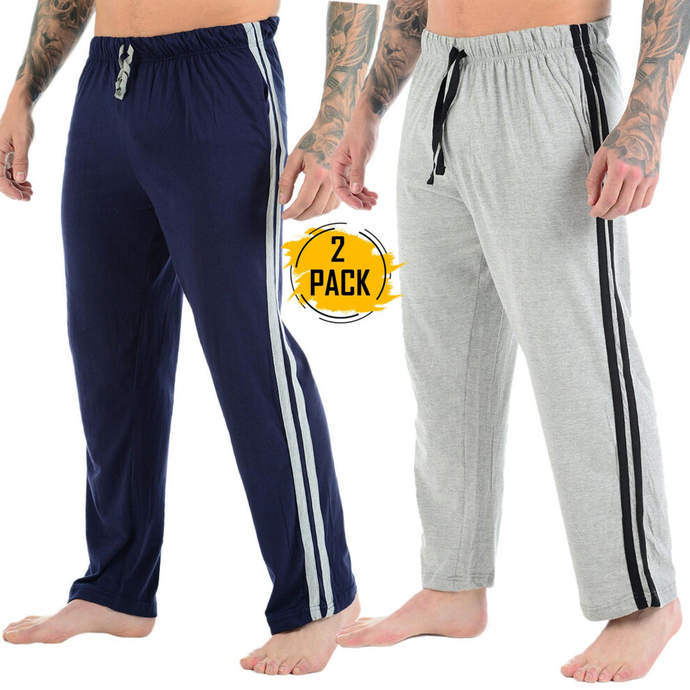 (Navy Grey, 2XL) 2 Pack Mens Pyjamas Lounge Nightwear Striped Pants