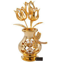 Matashi Mothers Day Flower Bouquet Vase w/Dragonfly || Clear Crystals Studded 24K Gold Plated Tabletop Ornament || Gift for Mom Daughter Friends Fa
