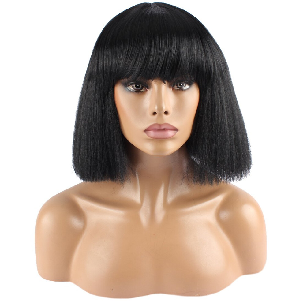 Weken Unisex Black Fashion Wig Women's Short Bob Kinky Straight Full Bangs Synthetic Hairpieces