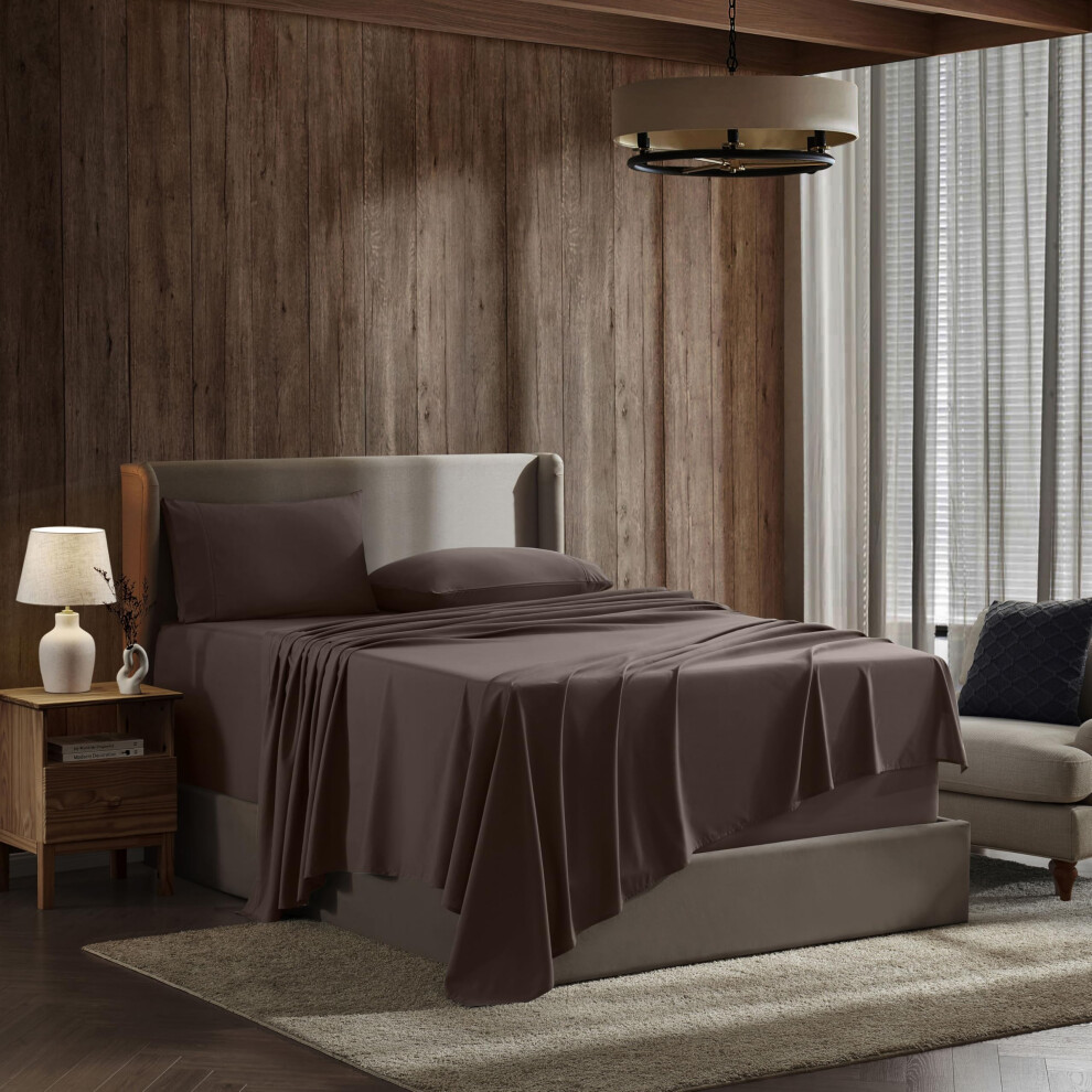 Parure de lit Queen Size Nestl - 4 pi   ces pour lit Queen Size, draps de luxe extra doux, respirants et rafra   chissants, couleur chocolat.