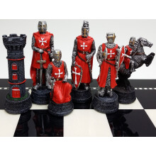 Mittelalterliche Zeiten Kreuzritter ROT & Blau Malteser Ritter Schachfiguren Set Handgemalt - Ohne Brett