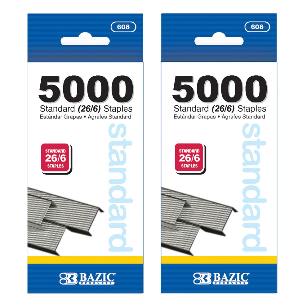 Bazic Staples Standard (26/6) 5000/Pack Stapler Refill Standard Size Staple Silver Colors 2-Packs 764608006085