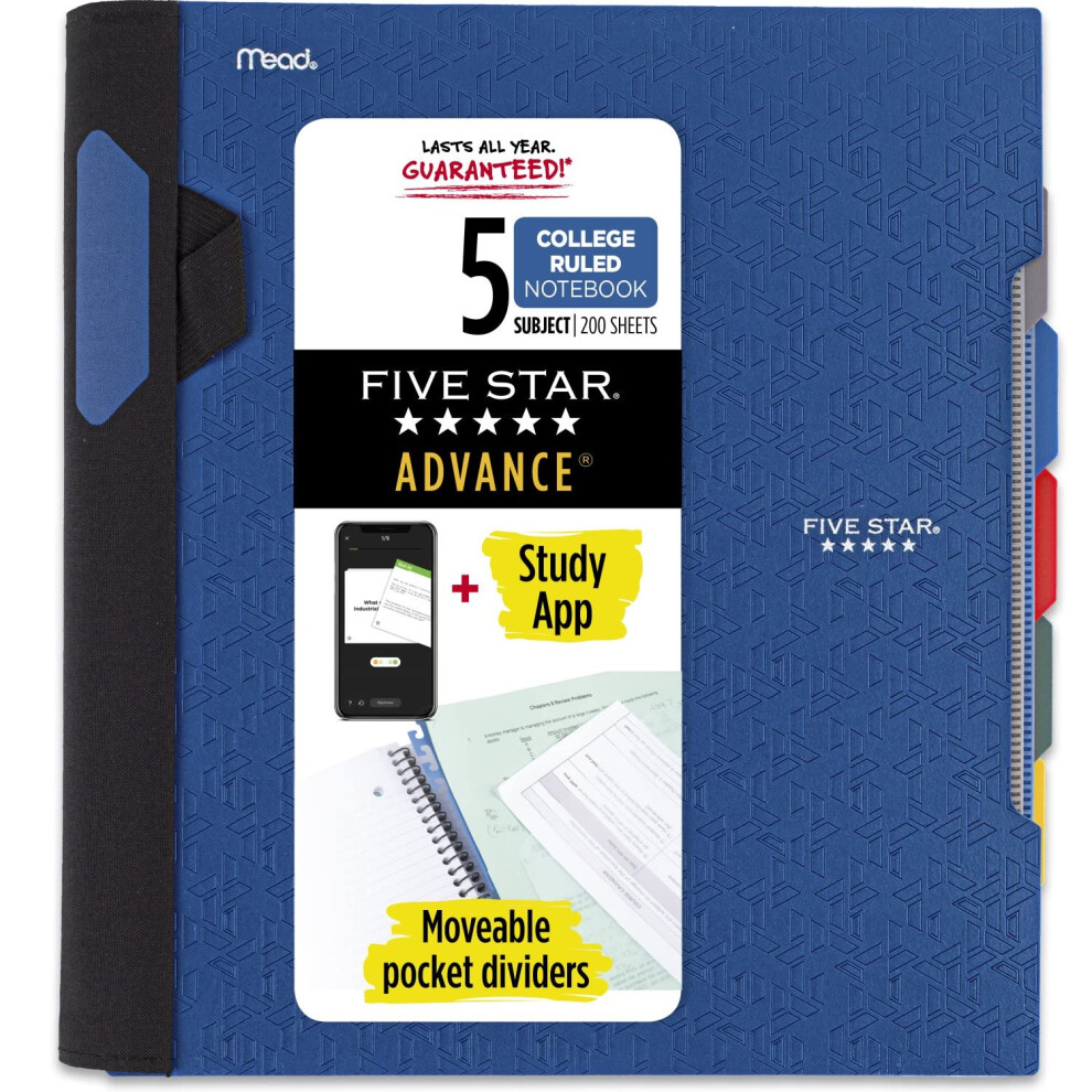 Five Star Spiral Notebook + Study App  5 Subject  College Ruled Paper  Advance Notebook with Spiral Guard  Movable Tabbed Dividers and Expanding Pocke-image-OPC-PFNDRTF-NEW