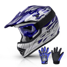 Capacete TCMT Motocross Infantil Azul Chama + Óculos + Luvas Tamanho S