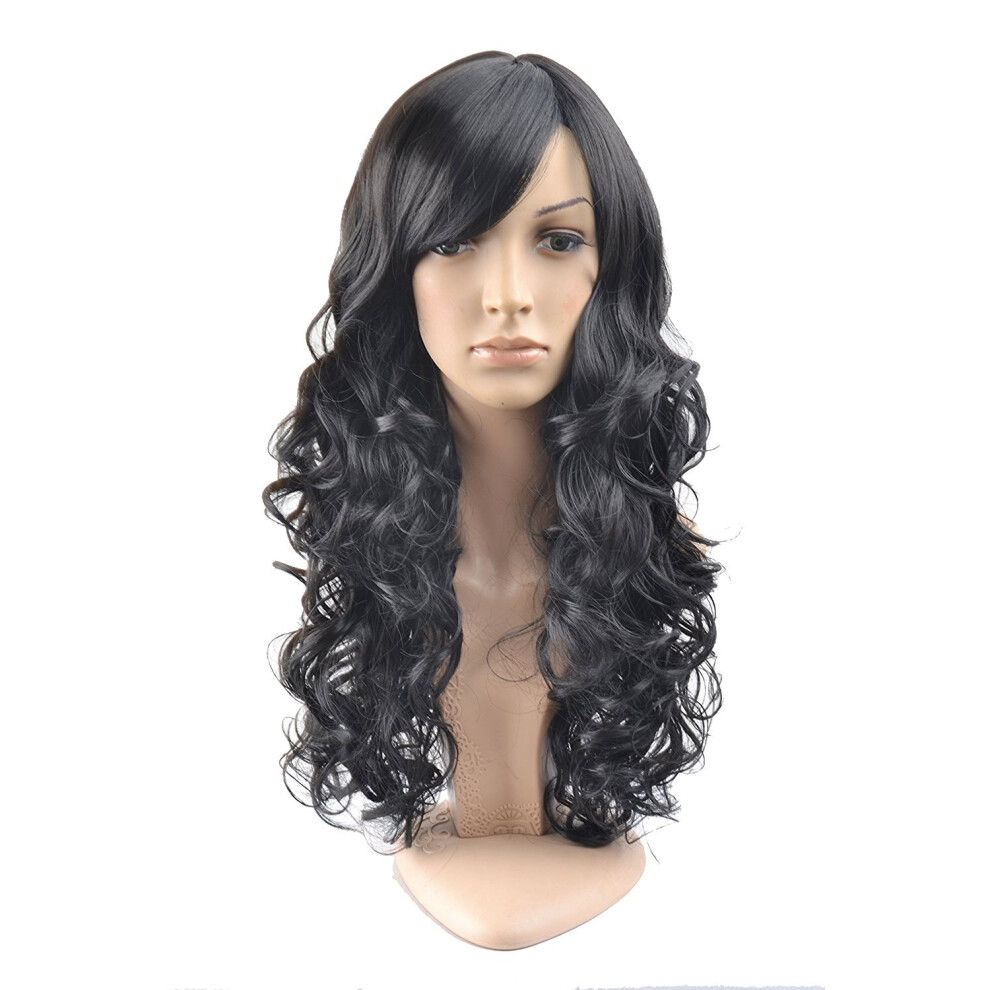 Beron Unisex Black Wig Long Wavy Wig Wig With Bangs For Women Wig Long Curly Wig Wig Synthetic Wig With Wig Cap