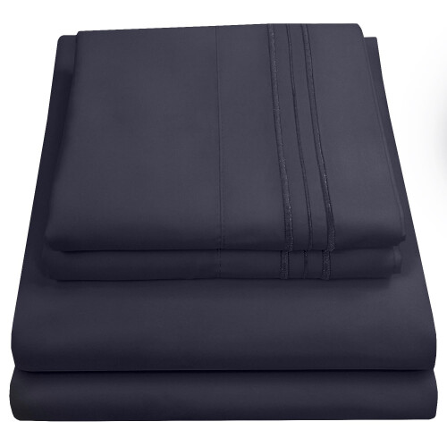 1800 Thread Count Sheet Set - Soft Egyptian Quality Brushed Microfiber Sheets - Luxury Bedding Set with Flat Sheet  Fitted Sheet  2 Pillow Cases  Navy 1