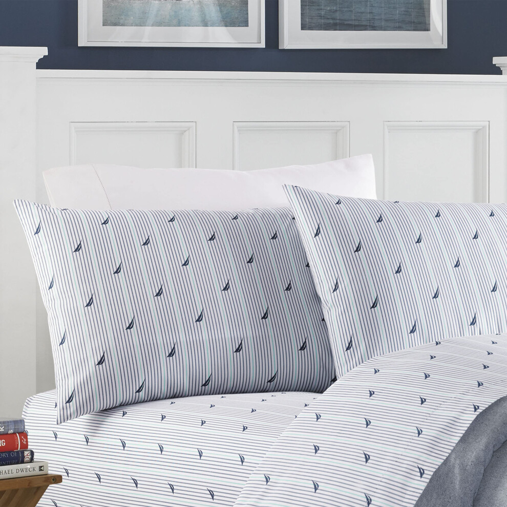 Nautica - Parure de lit en percale de coton pour lit simple, d   coration d'int   rieur d   contract   e (rayures Audley bleues pour lit simple)