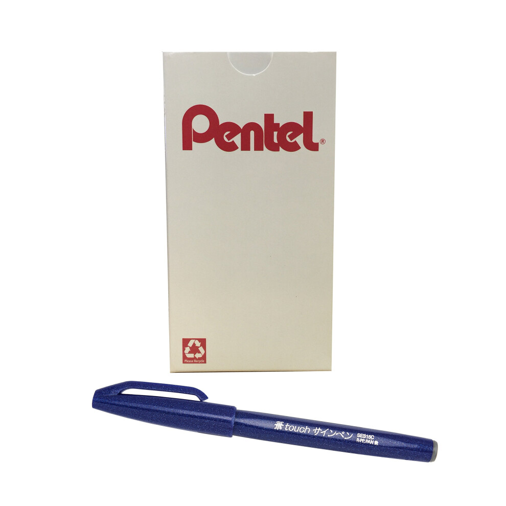 Pentel Arts Sign Pen Touch  Fude Brush Tip  Blue Ink  Box of 12 (SES15C-C)