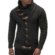 (DarkGray, M) Long Men Sleeve Knitted Sweater Horn Button Sweater Turtleneck Coat Cardigan