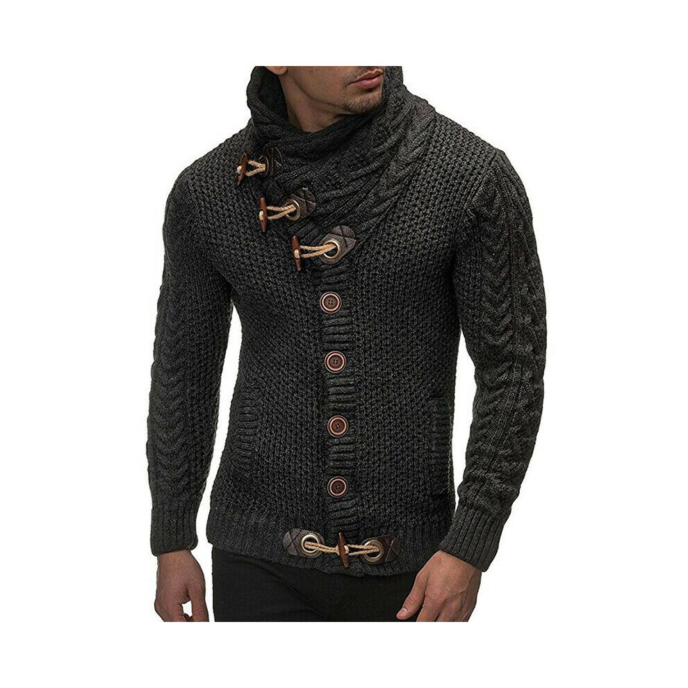 (DarkGray, M) Long Men Sleeve Knitted Sweater Horn Button Sweater Turtleneck Coat Cardigan