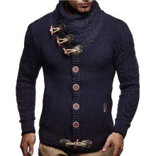 (Blue, L) Long Men Sleeve Knitted Sweater Horn Button Sweater Turtleneck Coat Cardigan
