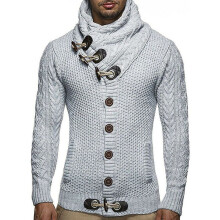 (LightGray, L) Long Men Sleeve Knitted Sweater Horn Button Sweater Turtleneck Coat Cardigan