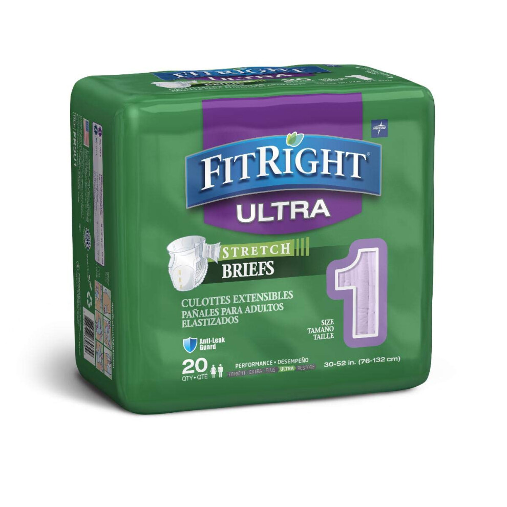 Medline Fitright Stretch Ultra Adult Briefs Incontinence Diapers With Tabs Heavy Absorbency Medium/Regular 30 To 52"""" 20 Count