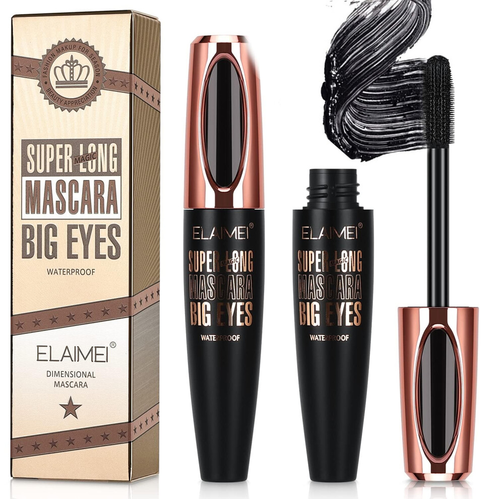 Skinosm Black 2 Pack Mascara Volume And Length Natural Waterproof Smudge-Proof 4D Silk Fiber Lash Mascara Long-Lasting Adds Length Depth & Glamour Effortle