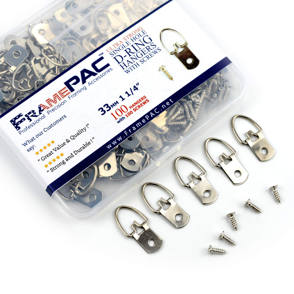Framepac D-Ring Single Hole Picture Hangers With Screws [100 Pack] - (Aka Picture Hanging Hardware Picture Frame Hanger Picture Hanger Hooks Pictur 638632361659
