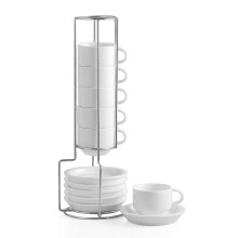 Sweejar Porcel?n espressokop og underkops?t Stabelbare Demitasse kopper med metalstativ 2,5 OZ til latte kaffe Cafe Mokka tes?t af 6 (hvid)