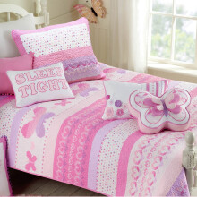 Cozy Line Home Fashions Niedliches rosa Schmetterlings-Streifenherzen, 100 % Baumwolle, weiche Bettwsche, Steppdecken-Set, Tagesdecke (Doppelbett