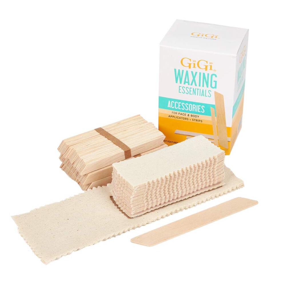 Gigi Waxing Essentials Kit | Face & Body Hair Waxing & Hair Removal | 100 Wax Applicators And 100 Natural Muslin Epilating Strips