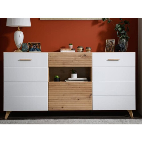Sideboards Bretanova Slatted Artisan Oak Effect And White Gloss Sideboard - 3426