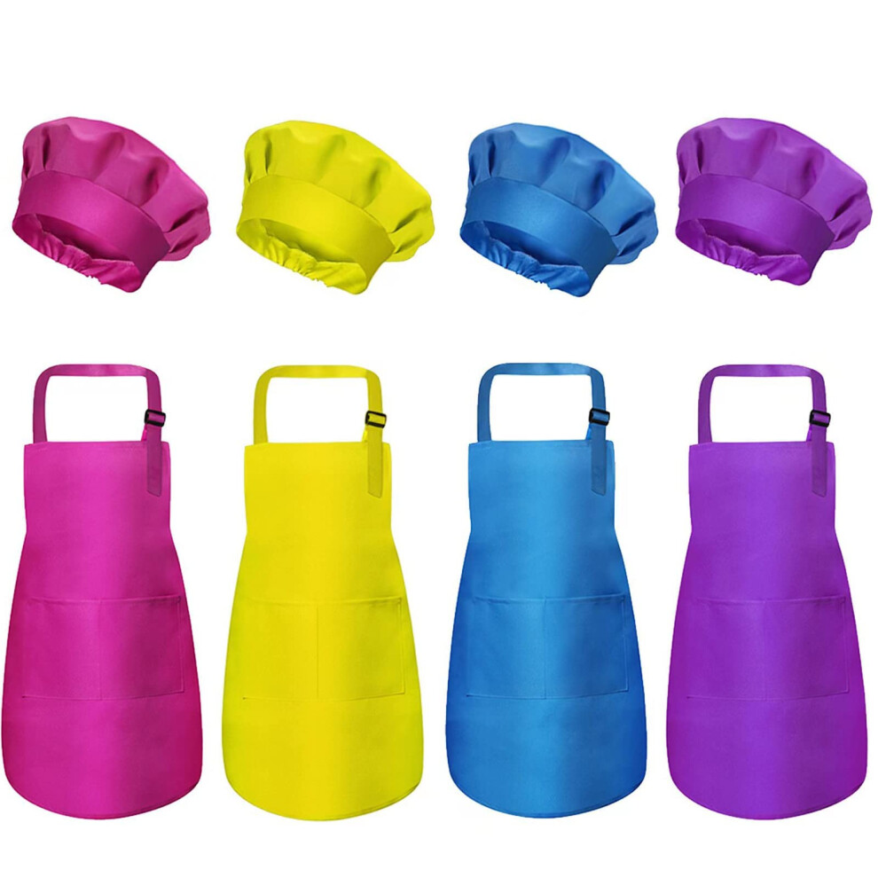 yarachel Kids Apron and Chef Hat Set - 8 Pieces Waterproof and Adjustable Child Aprons with Pockets Kitchen Bib Aprons for Boys and Girls Kitchen Cook
