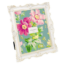 Laura Ashley 8x10 White & Gold Ornate Textured Hand-Crafted Resin Picture Frame w/Easel & Hook for Tabletop & Wall Display Decorative Floral Design H