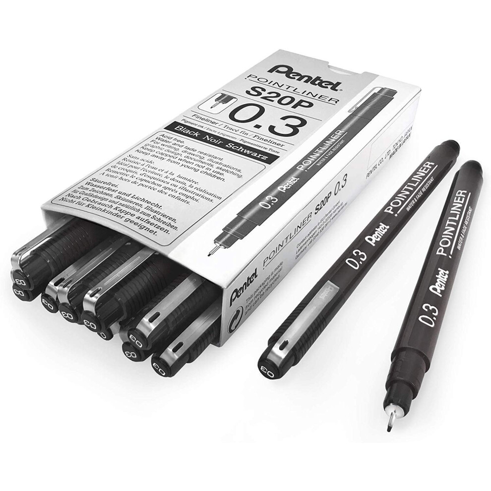 Pentel Arts Pointliner Zeichenstift, 0,3 Mm, Schwarze Tinte, Schachtel Mit 12 Stiften (S20P-3A)-image