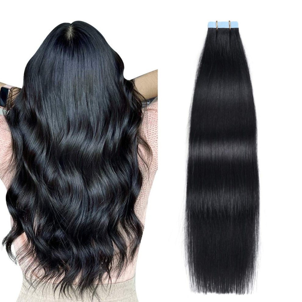 Suyya Unisex Black Tape In Hair Extensions Jet 100% Remy Human 20 Inches 20Pcs 50G/Pack Straight Seamless Skin Weft Hair(20 #1 )