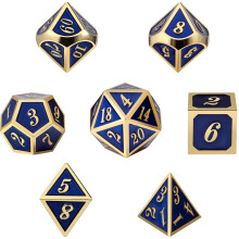 S?t med 7 metal terninger s?t med opbevaringsboks - kongebl? med guldnumre - inkluderer D4 D6 D8 D10 D12 D20 og D% af videnskabskurvning