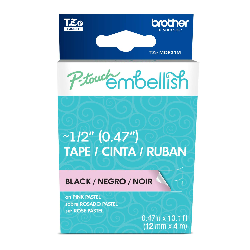 Brother P-Touch Embellish Black Print on Pastel Pink Tape TZEMQE31M - ~  Wide x 13.1 Long for use with P-Touch Embellish Ribbon & Tape Printer