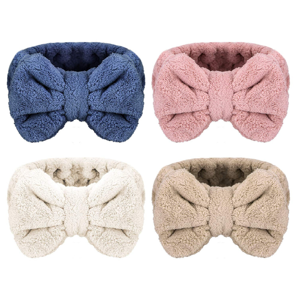 Senkary Unisex Not,Specified 4 Pack Bow Makeup Headband Microfiber Spa Headbands Towel Headband Soft Puffy Washing Face Headband For Women Girls Shower Bath Skincare (Whit