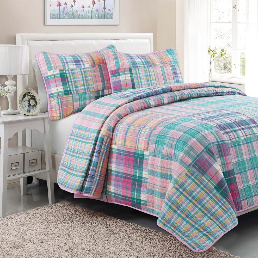Cozy Line Home Fashions 100% Cotton Real Patchwork Pink Blue Green Reversible Quilt Bedding Set Bedspread Coverlet (Pink Plaid Twin - 2 Piece)