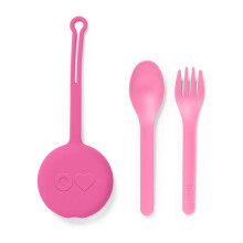 Juego de cubiertos infantiles OmieBox con estuche: 2 cubiertos de pl   stico reutilizables con tenedor y cuchara y funda (rosa burbuja)