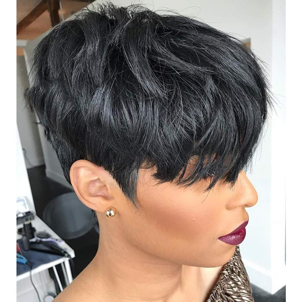 Yviann Human Hair Short Wigs Pixie Cut Wigs With Bangs Short Layered Wavy Wigs For Women 1B Color Black