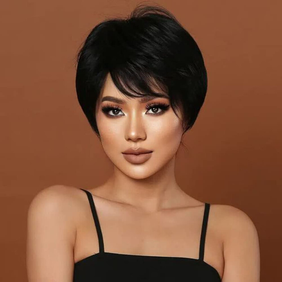 Phocas Unisex Black Short Cut Wigs Human Hair Short Pixie Wigs With Bangs Pixie Cut Wig (Short Straight-Natural )