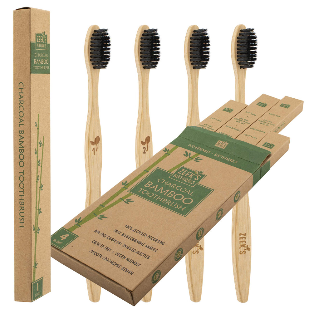 Navitas Naturals Llc Biodegradable Eco-Friendly Natural Bamboo Charcoal Toothbrushes - Pack Of 4 - Numbered - Charcoal Infused Bristles