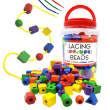 Produits LMC Perles de laage en bois et cordes 125 pieces Fine Motor Skills Toys pour 3 ans Toys moteur fins Perles de laage pour les tout-peti