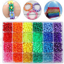 Quefe 2880pcs Pony Beads Kit Kandi Beads for Hair Rainbow Beads Plastic Bead for Craft 6 x 9mm 24 Colors 4 Styles Large Hole Beads Set for Bracelets