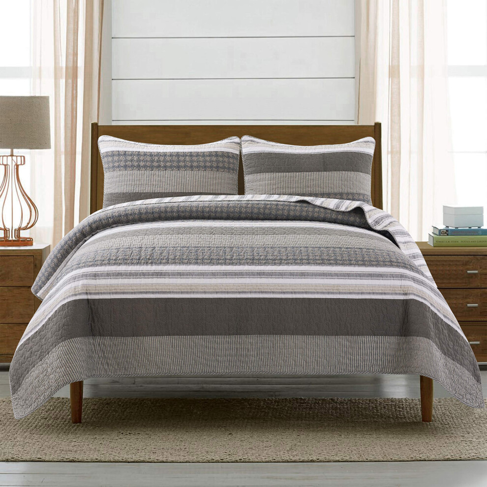 Parure de lit 3 pi   ces en coton Madrona de Soul & Lane - King Size avec 2 taies d'oreiller. Couvre-lit matelass    masculin moderne en marron et gr