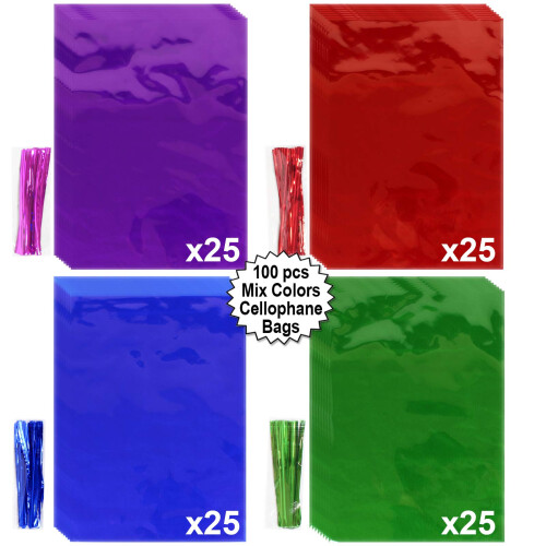 Sacos de celofane AnapoliZ 100 peas de cores misturadas (6 polegadas x 9 polegadas) | Sacos coloridos para violoncelo com laos torcidos | Sacos 1