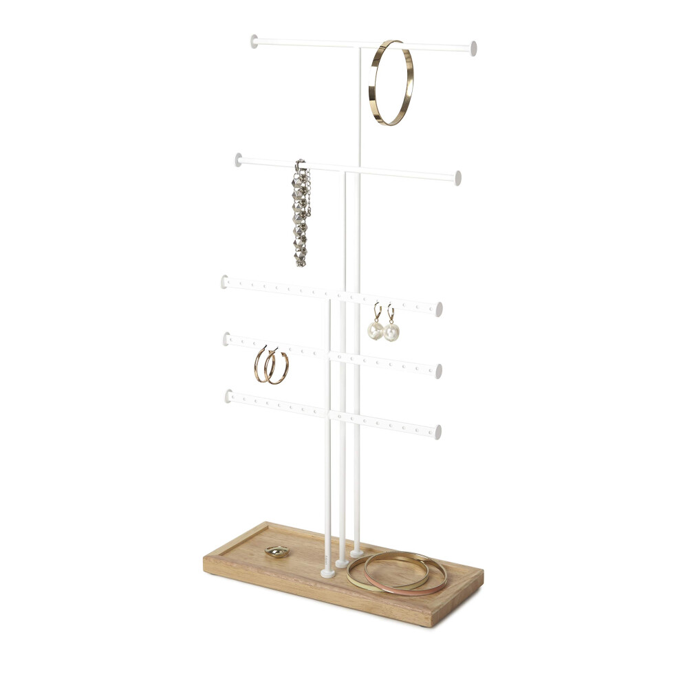 Umbra Trigem Tiered Tabletop Jewelry Organizer Freestanding Hanging Necklace  Earring and Bracelet Display  5  White Natural