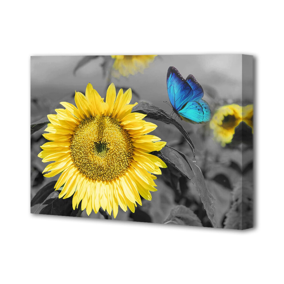 Acocifi Salle de bain Tournesol Toile Art Mural Bleu Papillon Image Printemps Fleurs Florales Peinture Jaune Gris Impression Oeuvre Encadr   e pour