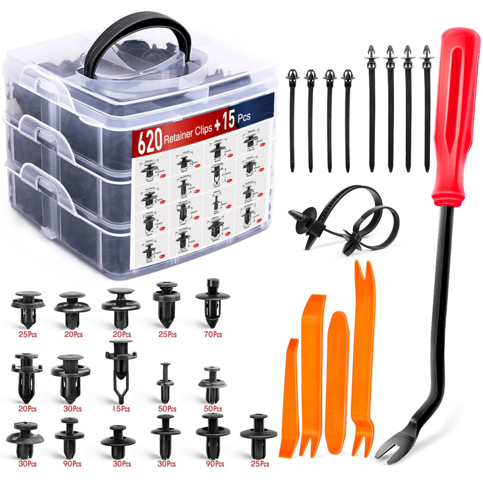 Nilight - Cl-86 635Pcs Car Push Retainer Clips-16 Most Popular Sizes Nylon Bumper Fender Rivets Kit With 10 Cable Ties And Fasteners Remover For Black 781621092871