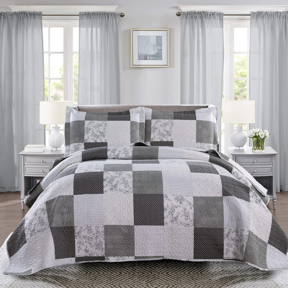 Parure de lit Ycosy Floral King Size Patchwork Plaid Couvre-lit r   versible Fleur Morden L   ger Couvre-lit Gris Blanc Noir Plaid Quilts Lit