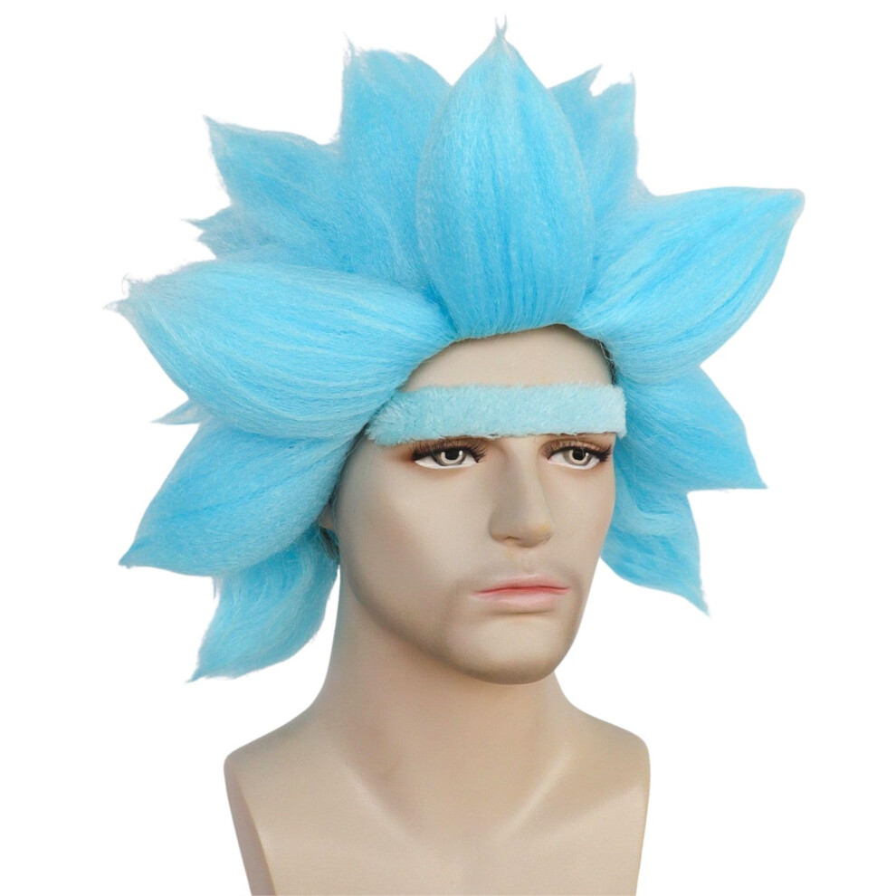 Joneting Blue Cosplay Wig ?+Wig Cap +Unibrow? Costume Blue Spiked Wig Synthetic Short Wavy Wigs Hair For Men Funny Wigs For Halloween Peluca Azul Part