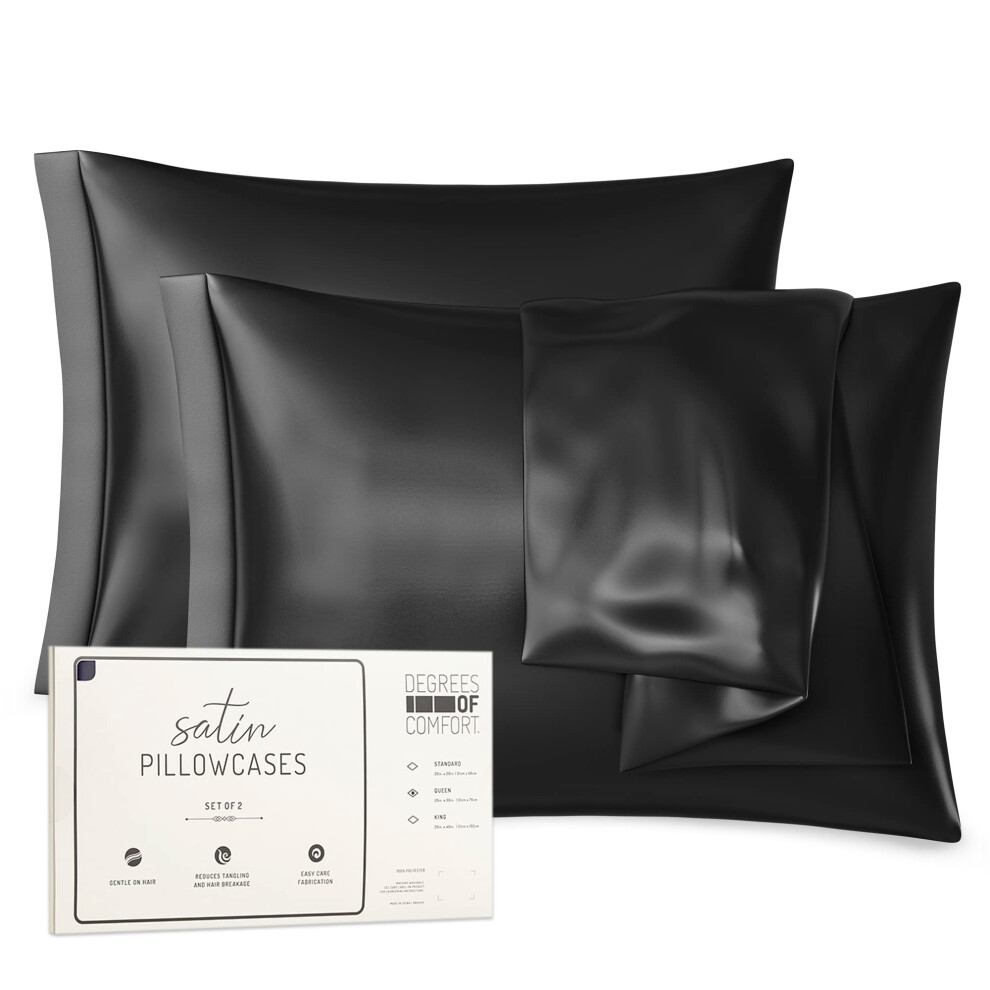 Lot de 2 taies d'oreiller en satin noir Queen | Taies d'oreiller pour cheveux et peau | 50 x 76 cm - Confort soyeux avec fermeture     rabat
