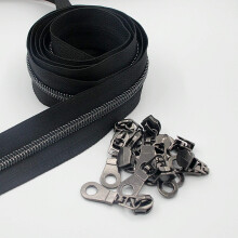 Leekayer #5 zwart nikkel metallic nylon spiraaltanden ritsen op maat gesneden bulk 10 meter zwarte tape met 25 stuks zwarte nikkel schuifregelaars vo