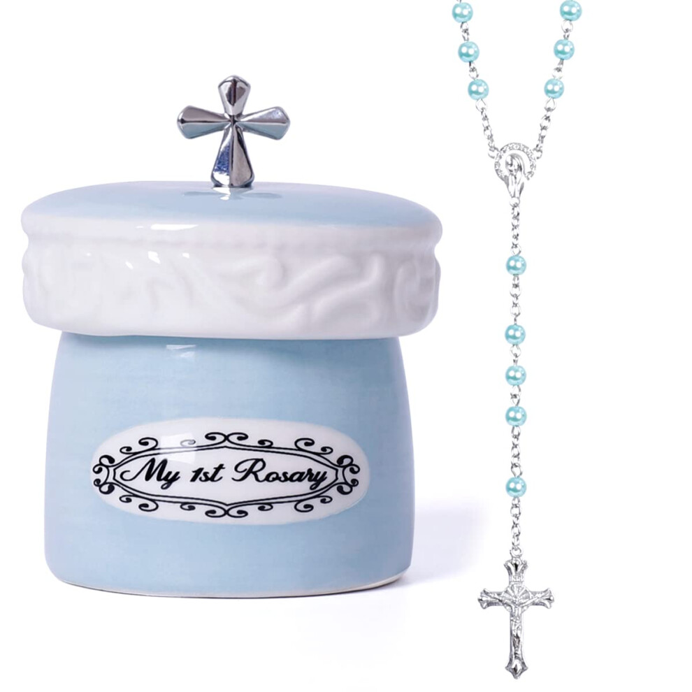 Grandeco My First Rosary Cross for Boy Keepsake Box and Rosary Gifting Set  Blue