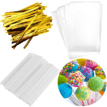 300PCS Σετ Σακουλών Lollipop Cake Pop με 100 Σακούλες, 100 Ραβδιά και 100 Χρυσές Σχέσεις