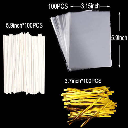 300PCS Σετ Σακουλών Lollipop Cake Pop με 100 Σακούλες, 100 Ραβδιά και 100 Χρυσές Σχέσεις 1