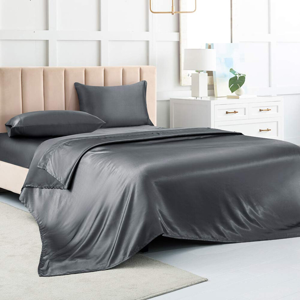 Draps de lit en satin King Size, draps en soie grise, ensemble de literie doux 4 pi   ces avec 1 drap-housse     poche profonde, 1 drap plat et 2 tai